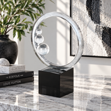 Modern Clear Crystal Ring Sculpture with Glass Spheres & Black Base