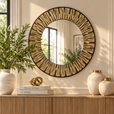 Gold Wood Handmade Abstract Carved Wall Mirror with Black Backing, 36" x 1" x 36"