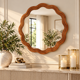 Brown Wood Handmade Wavy Room Wall Mirror with Dimensional Carved Frame