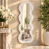 White Wooden Abstract Wavy Wall Mirror with Layered Frame - 24" X 1" X 63"