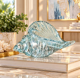 Blue Glass Shell Textured Sculpture with Gold and Cream Accents