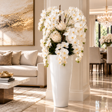 Luxury White Orchid & Protea Arrangement in Tall White Vase