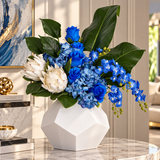 Blue Elegance Floral Arrangement in White Geometric Vase