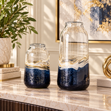 Dark Blue Glass Abstract Textured Swirl Vase with Gold and Cream Accents Set Of 2