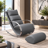 Modern Grey Rocking Chair with Ottoman – PU Leather & Chrome