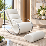 Modern White Rocking Chair with Ottoman – PU Leather & Chrome