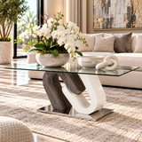 Anoris Modern Glass Coffee Table – White Gloss & Grey Washed Wood Look