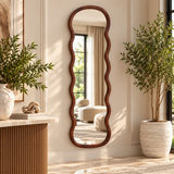 Dark Brown Wood Abstract Handmade Wavy Room Wall Mirror