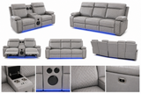 Baltimore Grey Power Recliner Sofa Set – LED Lights & Built-In Speakers