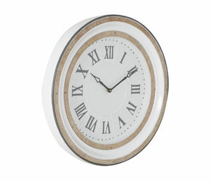 Large Round White and Gray Metal and Wood Wall Clock with Roman Numerals