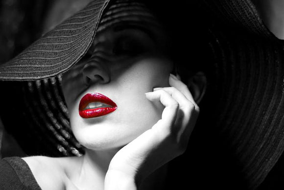 Tempered Glass Art - Striped Hat with Red Lips Wall Art Decor