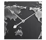 Large Round Black And Silver Map Metal Wall Clock With Grey Wood Frame