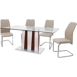 Rectangular Dining Table Dark Brown High Gloss with Stainless Steel Base and Tempered Glass.