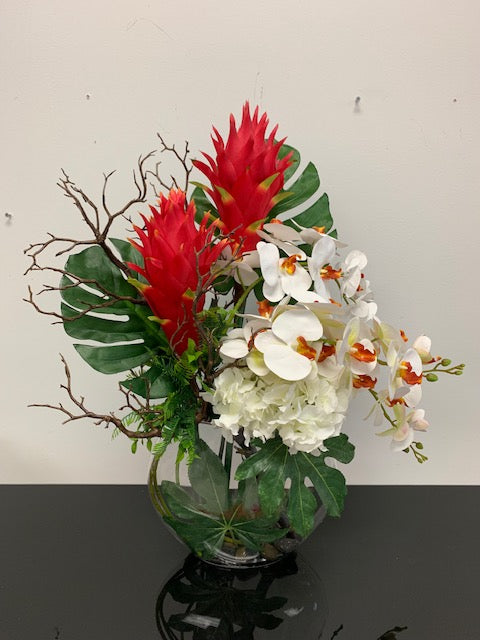 Tropical Artificial Arrangement in Glass Vase - Floral & Greenery