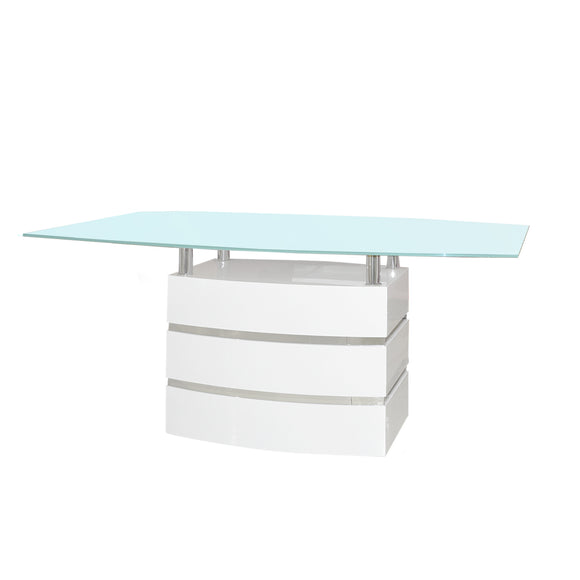 Rectangular Dining Table High Gloss White Finish and Light Blue Tempered Glass Top