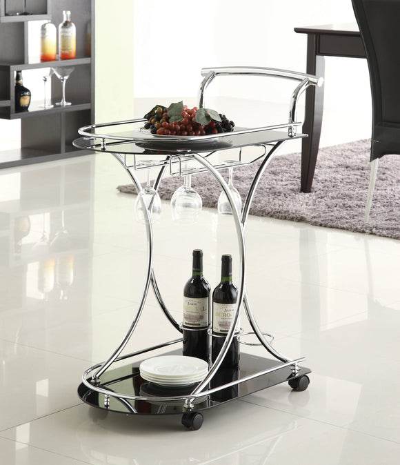 Serving Cart with 2 Tempered Glass Shelves Chrome and Black