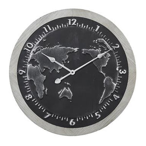 Large Round Black And Silver Map Metal Wall Clock With Grey Wood Frame