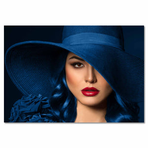 Tempered Glass Art -  Women with Blue Hat Wall Art Decor