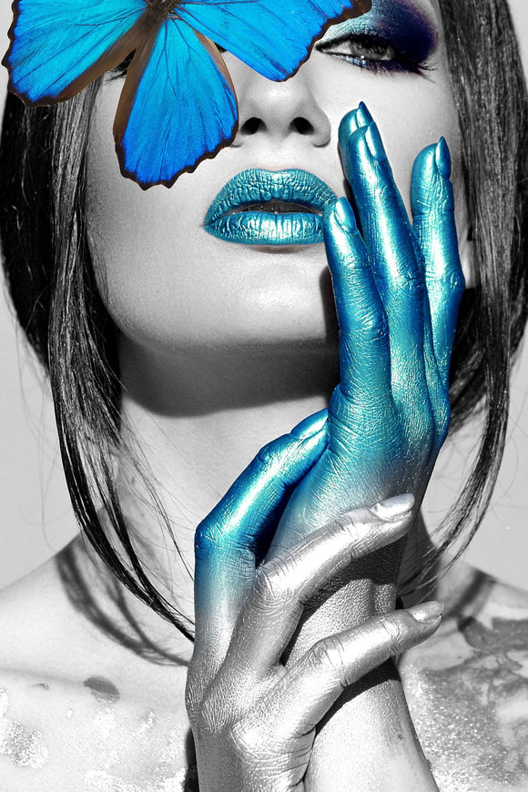 Tempered Glass Art - Blue Butterfly Women Pose Wall Art Decor