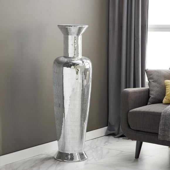 Decorative Large Metal Tall Floor Vase With Silver Glass Mosaic