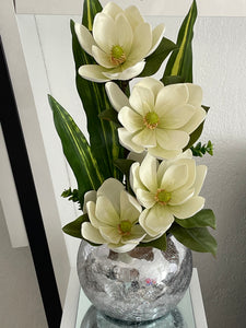 Real Touch White Magnolia Flower Arrangement-Premium Artificial Flower Centerpiece Silver - Floral & Greenery