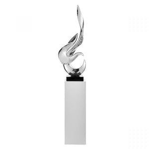 Chrome Flame Floor Sculpture With White Stand, 44" Tall